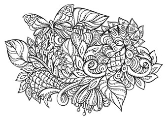 Vector nature doodles, hand drawn floral elements, flowers, leaves, butterflies