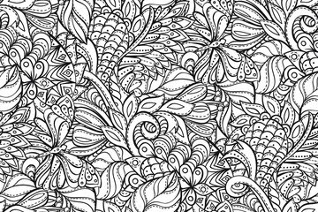 Seamless floral pattern with leaves, butterfly and nature elements, textured background for your design projects, coloring books, textile, wrapping, wallpaper, web