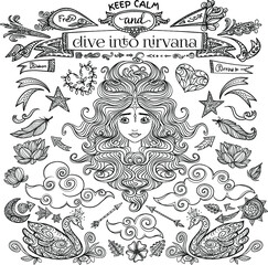 Set of zen illustrations with funky elements. Stylish unique art. Arrows, flowers, ribbons, borders and many other magic shapes. Vector illustration.