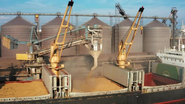 ODESSA, UKRAINE - August 9, 2021: Drone video - loading grain into holds of sea cargo vessel through an automatic line in seaport from silos of grain storage. Bunkering of dry cargo ship with grain