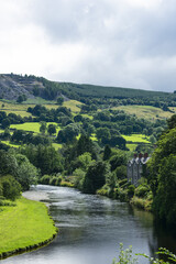 Dee river valley, Wales. Beautiful landscape view of idyllic countryside. Green fields and hills...