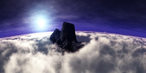 Mountains and clouds, Beautiful cloudy landscape at sunset, clouds from a height of flight, flight among the clouds to the sun, 3D rendering