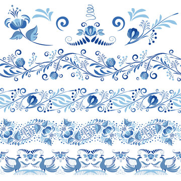 Set of blue patterned Seamless borders and elements for the design in the style of ethnic porcelain painting. Floral Brushes with leaves and flowers isolated on white.