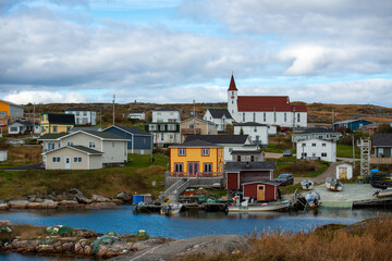 A view of Twillingate, Newfoundland, a small fishing village with a sheltered harbour surrounded by...