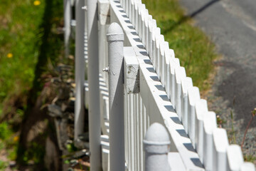 Obraz premium A stark white wood residential picket fence enclosing a garden with tall evergreen trees in the background. There are multiple nail holes in each board. The sky is blue and cloudy in the background. 