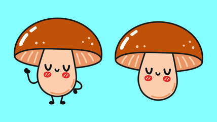 Funny cute happy Mushroom characters bundle set. Vector kawaii line cartoon style illustration. Cute Mushroom mascot character collection