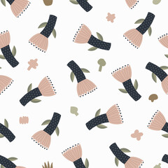 Stylised fairy flowers and abstract shapes isolated on white background. Hand drawn vector seamless pattern. Simple backdrop for textile, wrapping paper, clothes, wallpaper, linen.