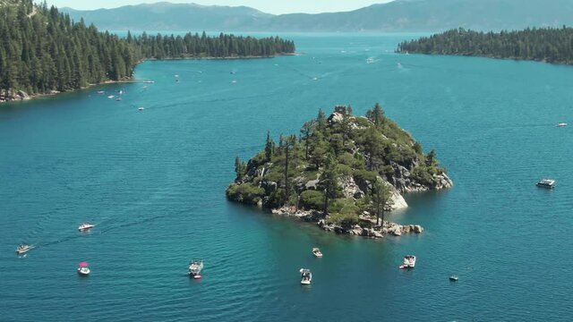 Aerial: Fannette Island in Emerald Bay, Lake Tahoe, California, USA