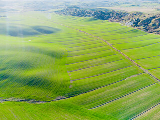 Siena, Italy - aerial panorama of the valleys and towns of the Crete Senesi in Tuscany