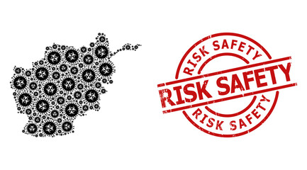 Distress Risk Safety stamp seal, and biohazard virus mosaic of Afghanistan map. Red round seal contains Risk Safety title inside circle.