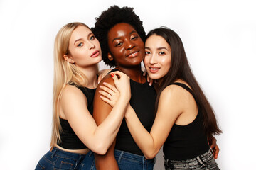 Obraz na płótnie Canvas diverse multi nation girls group, teenage friends company cheerful having fun, happy smiling, cute posing isolated on white background, lifestyle people concept, african-american, asian and caucasian