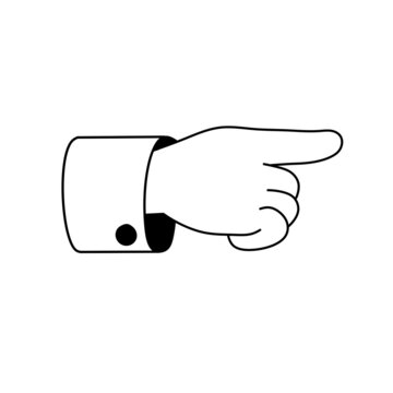Index finger. Outline forefinger points to side. Direction indication. Cartoon illustration. Human hand. Businessman in a suit