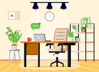 Workplace at home with office desk, chair, computer and plants. Work cabinet design. Empty office workspace room interior. Cartoon vector interior illustration.