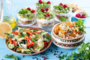 Three-course set menu for a nutritious healthy lunch. Three course set on a table in a business lunch, food set lunch. Full set of three dishes for lunch