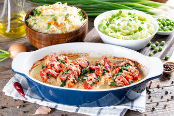 Three-course set menu for a nutritious healthy lunch. Three course set on a table in a business lunch, food set lunch. Full set of three dishes for lunch