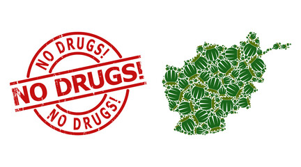 Distress No Drugs! stamp, and opium poppy head mosaic of Afghanistan map. Red round stamp contains No Drugs! text inside circle. Afghanistan map mosaic is designed of opium poppy head rotated items.