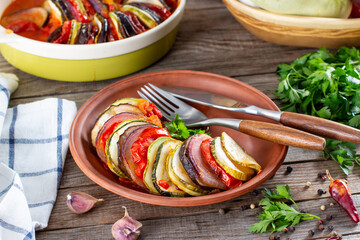 Ratatouille. Traditional French stew of summer vegetables. Ratatouille casserole.