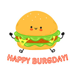 Happy burgday card with cute happy hamburger. Vector hand drawn doodle style cartoon character illustration icon design. Card with cute hamburger