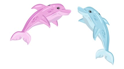 Pink And Blue Dolphin Cartoon 
 Illustrations On A White Background. Cute Dolphins. Blue And Pink Dolphin