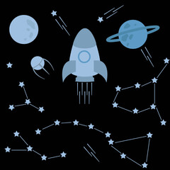 Set of elements related to space. Rocket and satellite, constellations and stars, planets