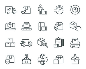 Delivery of Goods icons set. Such as Parcels, Courier, Door Delivery, Fast, Track Parcel, Parcel Management, Conveyor Belt, Weighing, Worldwide, Unloading and Dispatching, and others. Editable vector 