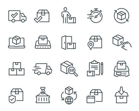 Delivery of Goods icons set. Such as Parcels, Courier, Door Delivery, Fast, Track Parcel, Parcel Management, Conveyor Belt, Weighing, Worldwide, Unloading and Dispatching, and others. Editable vector 