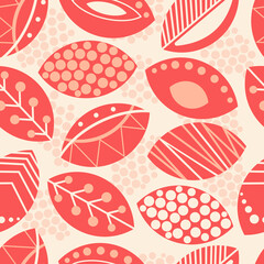 Decorative ethnic patterns on the leaves in pastel pink colors. Seamless pattern for modern fabrics, trendy textiles, pillows. Vector.