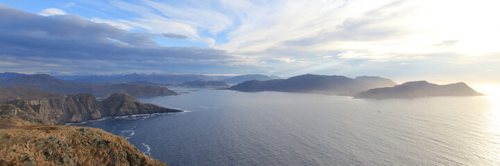 Ocean view with mountains in background at Runde in Norway. Norwegian fjord.