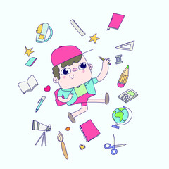 School boy with school elements around