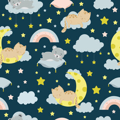 Seamless children pattern with cat, bear, lion, clouds, moon and stars. Creative kids texture for fabric, wrapping, textile, wallpaper, apparel