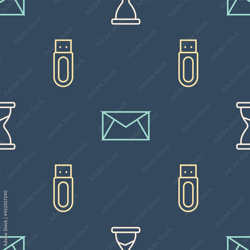 Poster set line old hourglass, usb flash drive and mail and e-mail on seamless pattern. vector