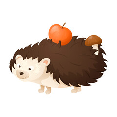 Vector isolated illustration of cute character baby hedgehog. Wild cartoon forest animal carries apple and mushroom in needles.