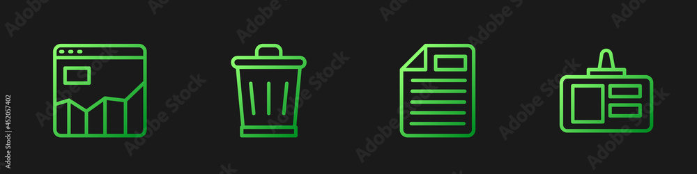 Poster set line file document, graph chart infographic, trash can and identification badge. gradient color 