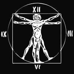 Stylization of the Vitruvian man and the dial of the clock. Vector illustration. 