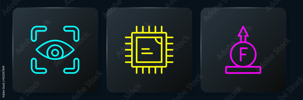 Poster set line eye scan, force of physic formula and processor cpu. black square button. vector