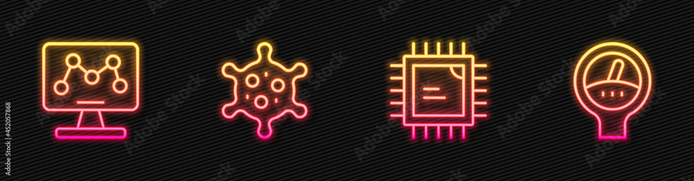 Poster set line processor cpu, genetic engineering, virus and gauge scale. glowing neon icon. vector