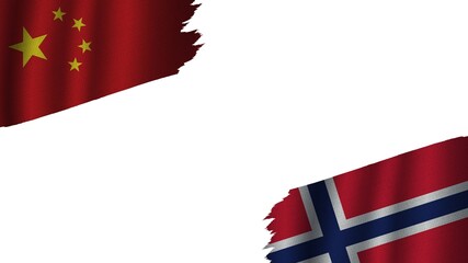 Norway and China Flags Together, Wavy Fabric Texture Effect, Obsolete Torn Weathered, Crisis Concept, 3D Illustration