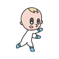 Cartoon baby taking first steps. kawaii style.