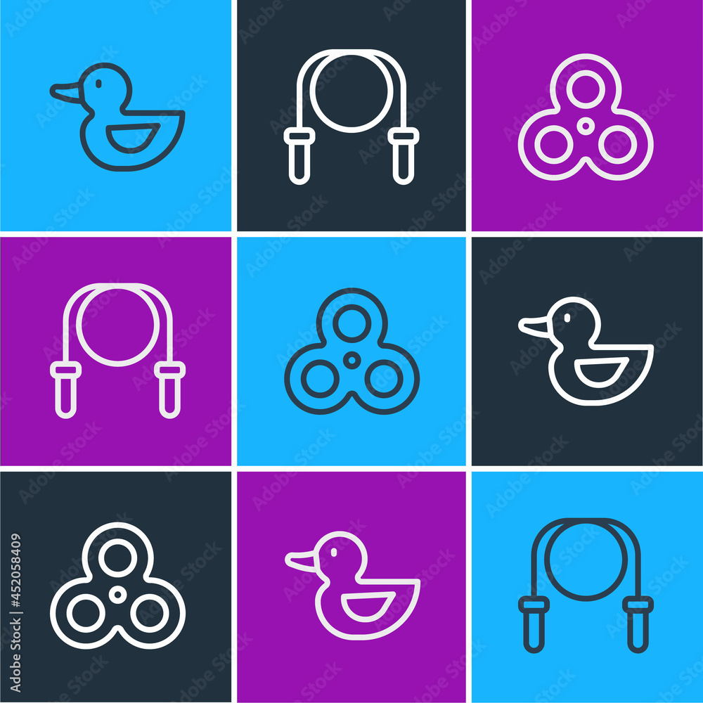 Poster set line rubber duck, fidget spinner and jump rope icon. vector