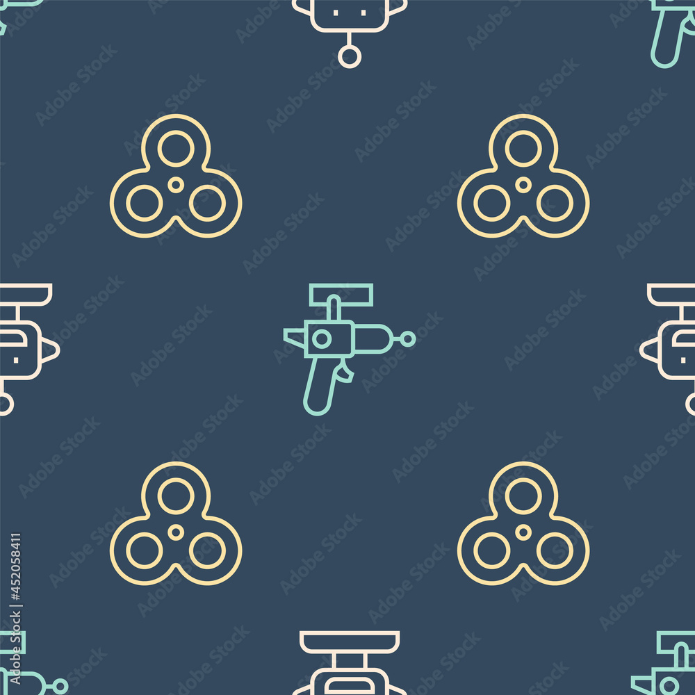 Aufkleber set line robot toy, fidget spinner and ray gun on seamless pattern. vector