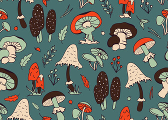 Hand-drawn vector seamless pattern with mushrooms in orange, beige, brown and green on a dark background. Illustration in retro and cottage-core style with plants of the autumn forest.