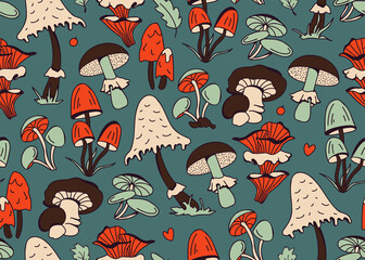 Hand-drawn vector seamless pattern with mushrooms in orange, beige, brown and green on a dark background. Illustration in retro and cottage-core style with plants of the autumn forest.