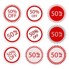  50% off sale label symbol, 50% discount promotion, sale tags set, vector badges template, clearance sale sticker