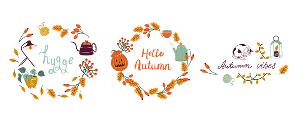 Vector collection of Autumn phrases with cozy design elements decorative bundle. Fall season handwritten slogan stickers pack. Autumn vibes. Fall inscription set isolated on white background.