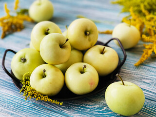 summer green apples and yellow flowers