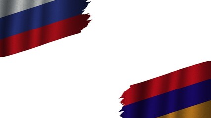 Armenia and Russia Flags Together, Wavy Fabric Texture Effect, Obsolete Torn Weathered, Crisis Concept, 3D Illustration