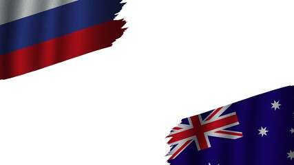 Australia and Russia Flags Together, Wavy Fabric Texture Effect, Obsolete Torn Weathered, Crisis Concept, 3D Illustration