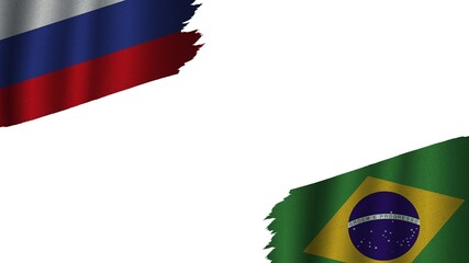 Brazil and Russia Flags Together, Wavy Fabric Texture Effect, Obsolete Torn Weathered, Crisis Concept, 3D Illustration