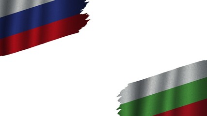 Bulgaria and Russia Flags Together, Wavy Fabric Texture Effect, Obsolete Torn Weathered, Crisis Concept, 3D Illustration
