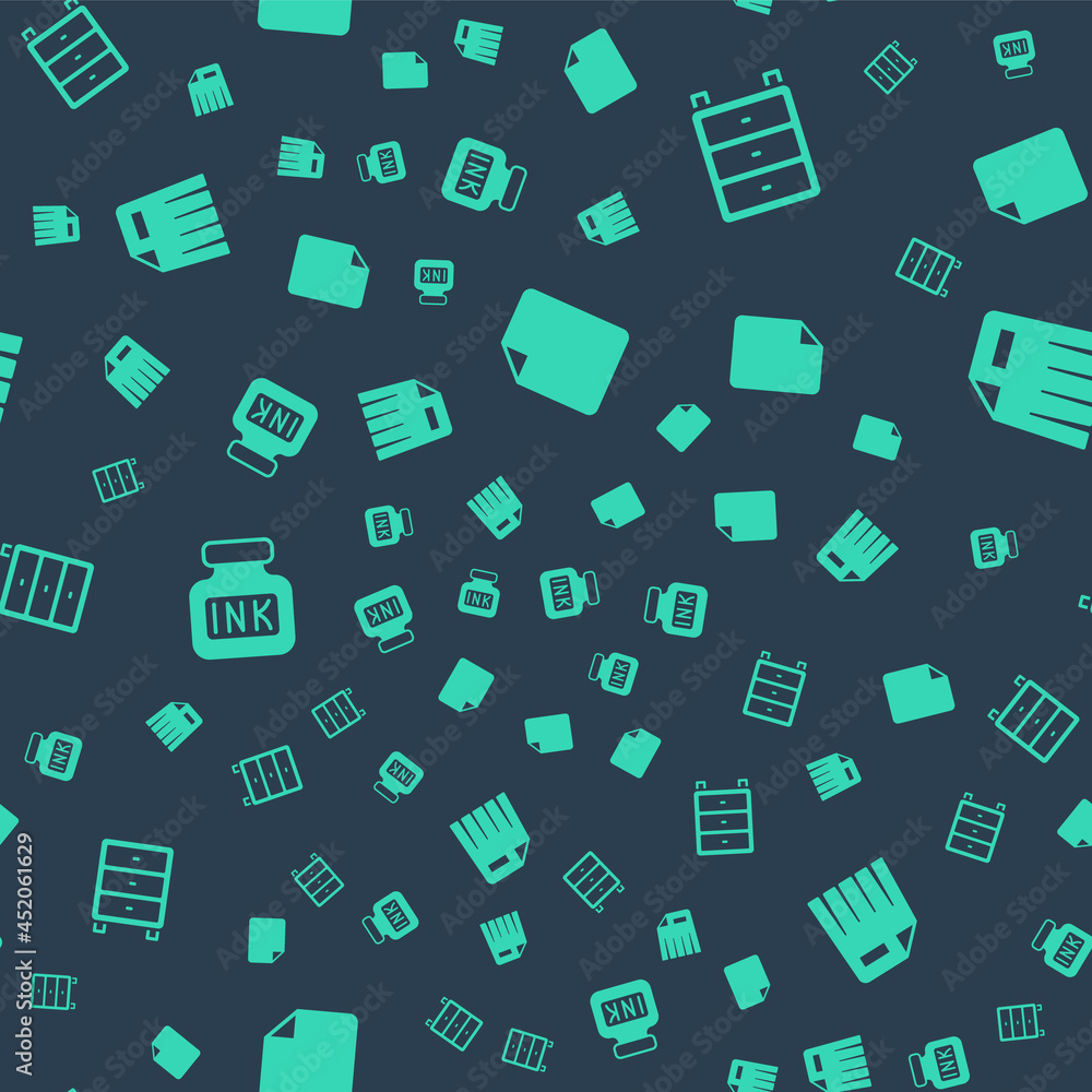 Poster set file document, archive papers drawer, inkwell and paper shredder on seamless pattern. vector